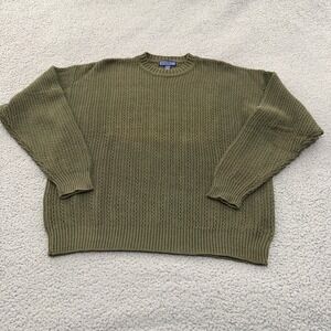 VTG Savile Row Sweater Mens M Green Ramie Cotton Textured Cable Knit Crewneck